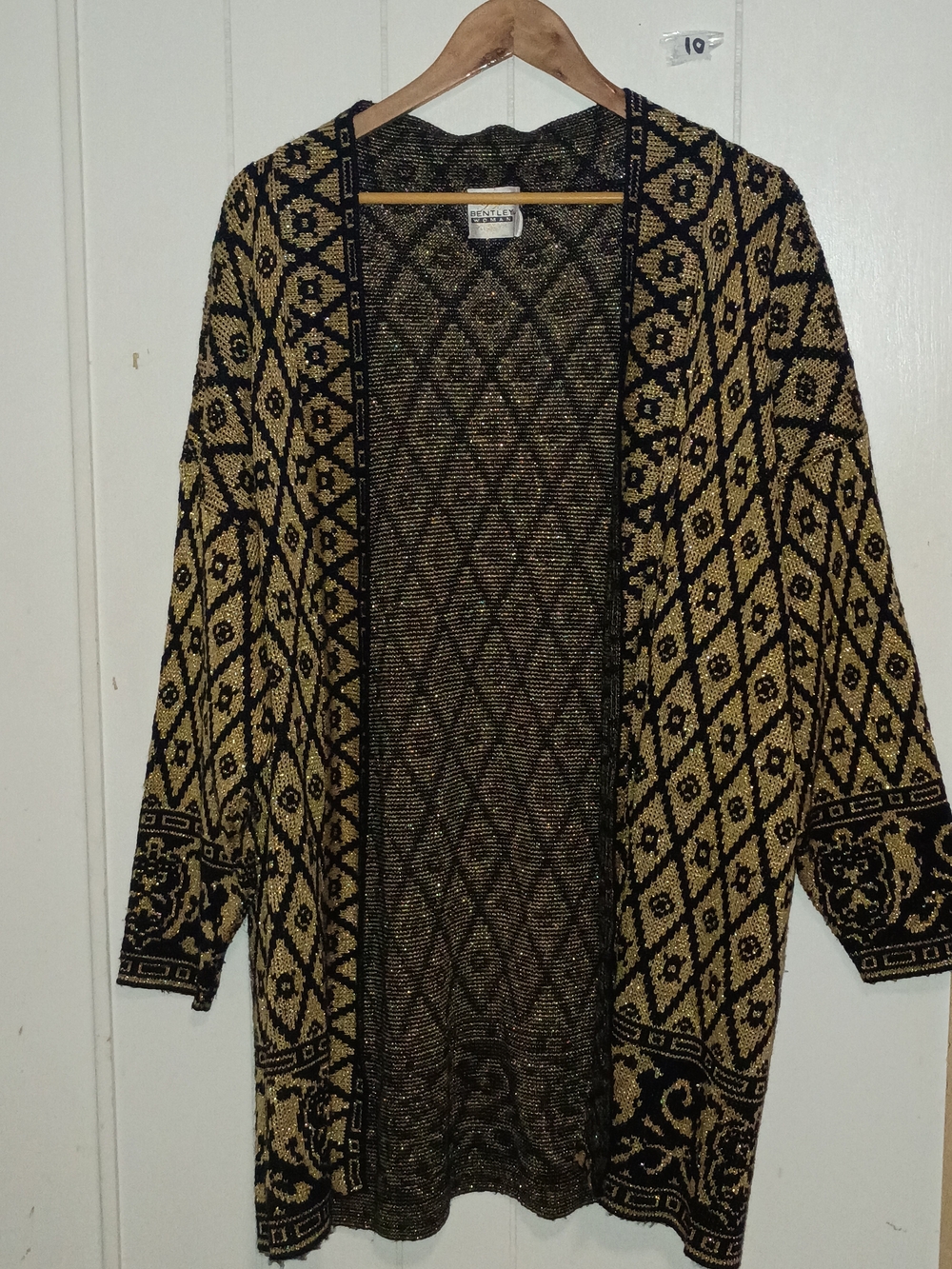 Black & Gold Patterned Open-Front Pea Coat Cardigan